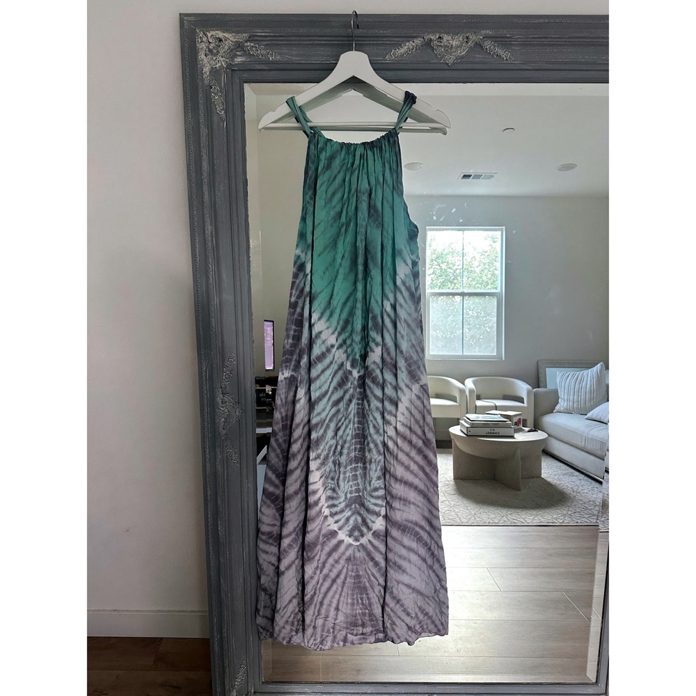 Bali Queen Tie Dye Halter Maxi Dress Teal Grey Boho Flowy Resort Wear OS